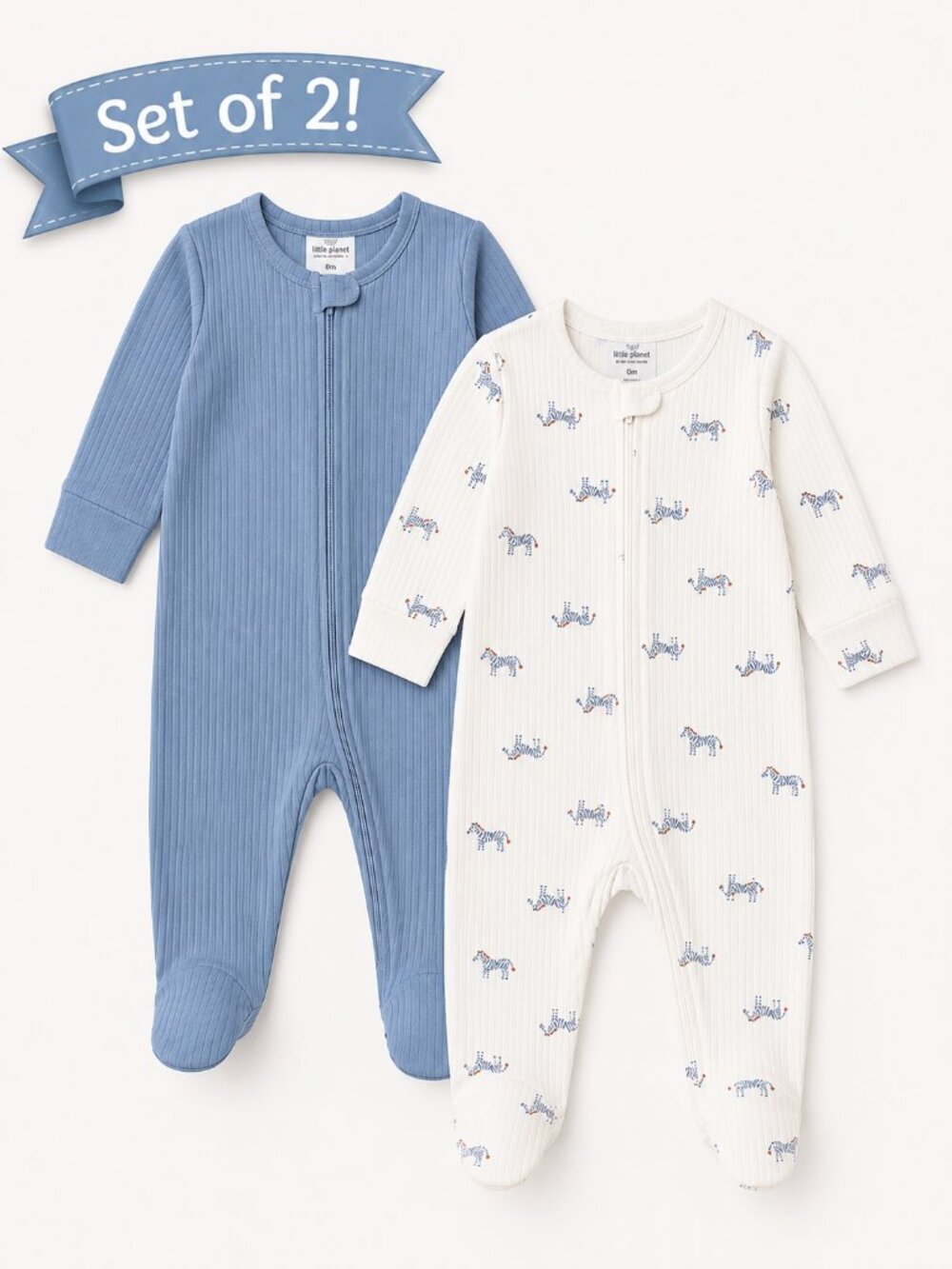 NWT Carter's Set of 2 Baby Boy Footed Sleepers Zebra Blue Size 9 Months